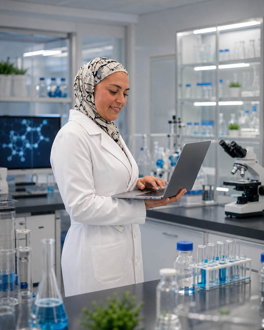 Reviewing research data on a laptop in the laboratory