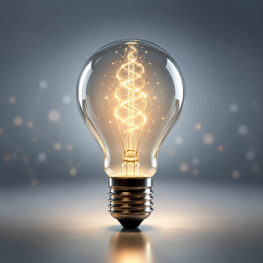 A glowing light bulb with a helix-shaped filament