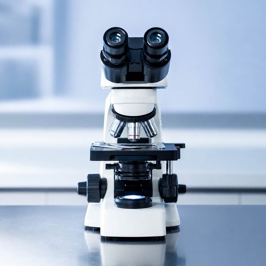 A laboratory microscope on a bench