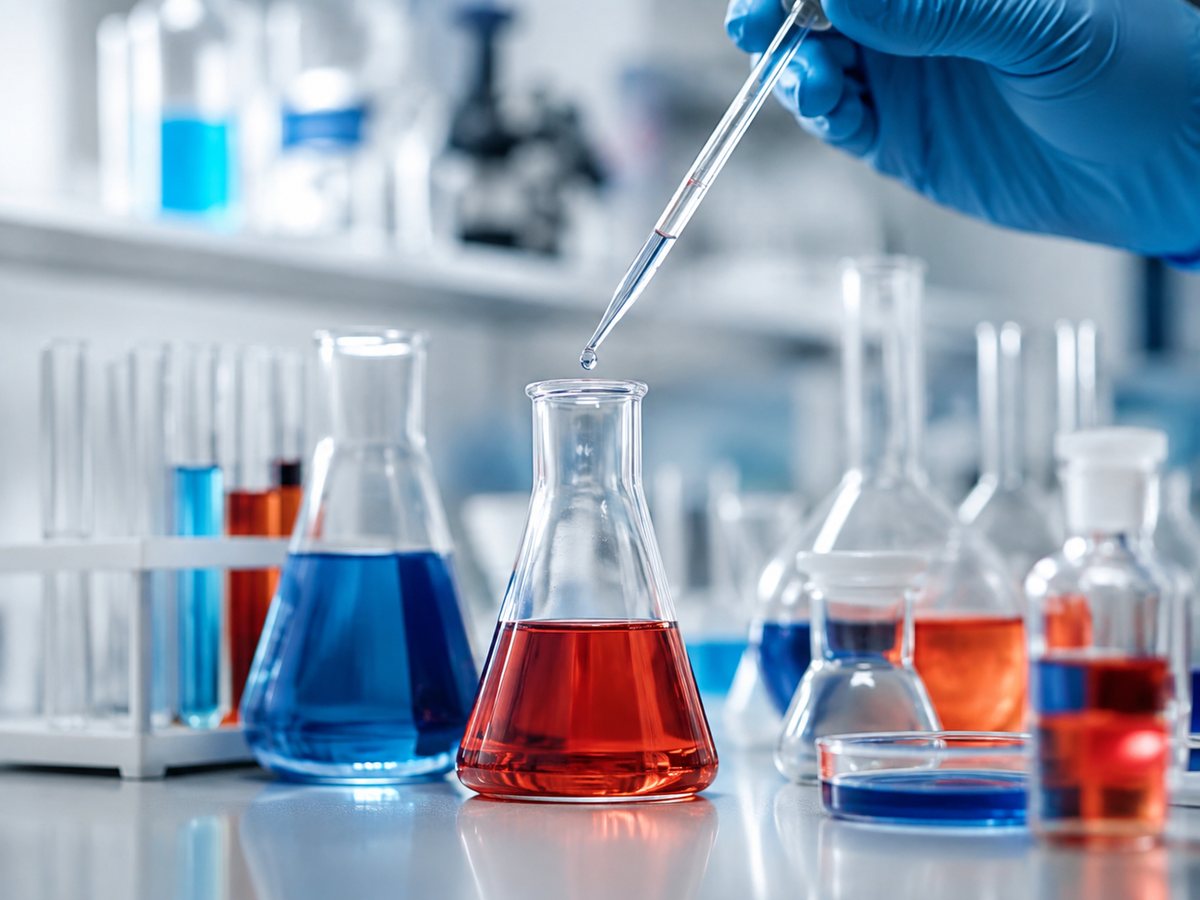 Laboratory glassware and a pipette during a chemical analysis