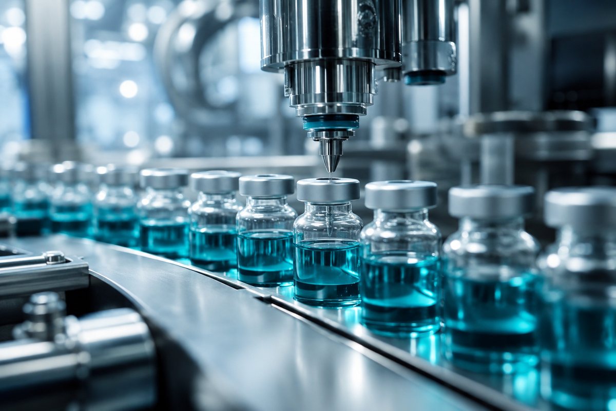 Pharmaceutical vials being filled on a production line